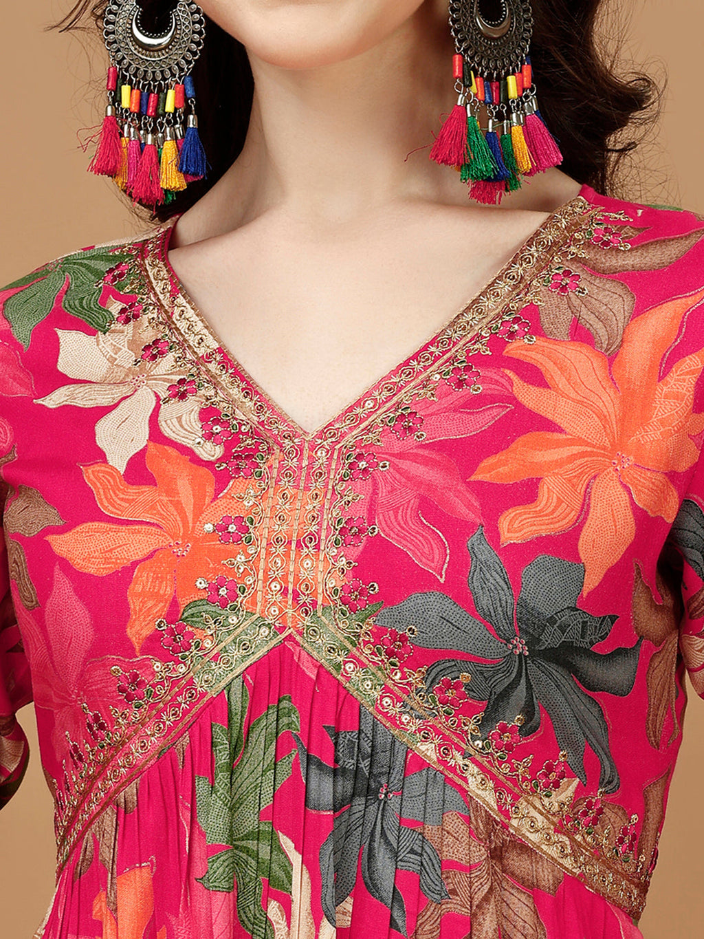 Alia Cut Rayon Embroidered & Floral Printed Kurta With Pant & Dupatta, Multicolor - Hiral Fashion - Distacart