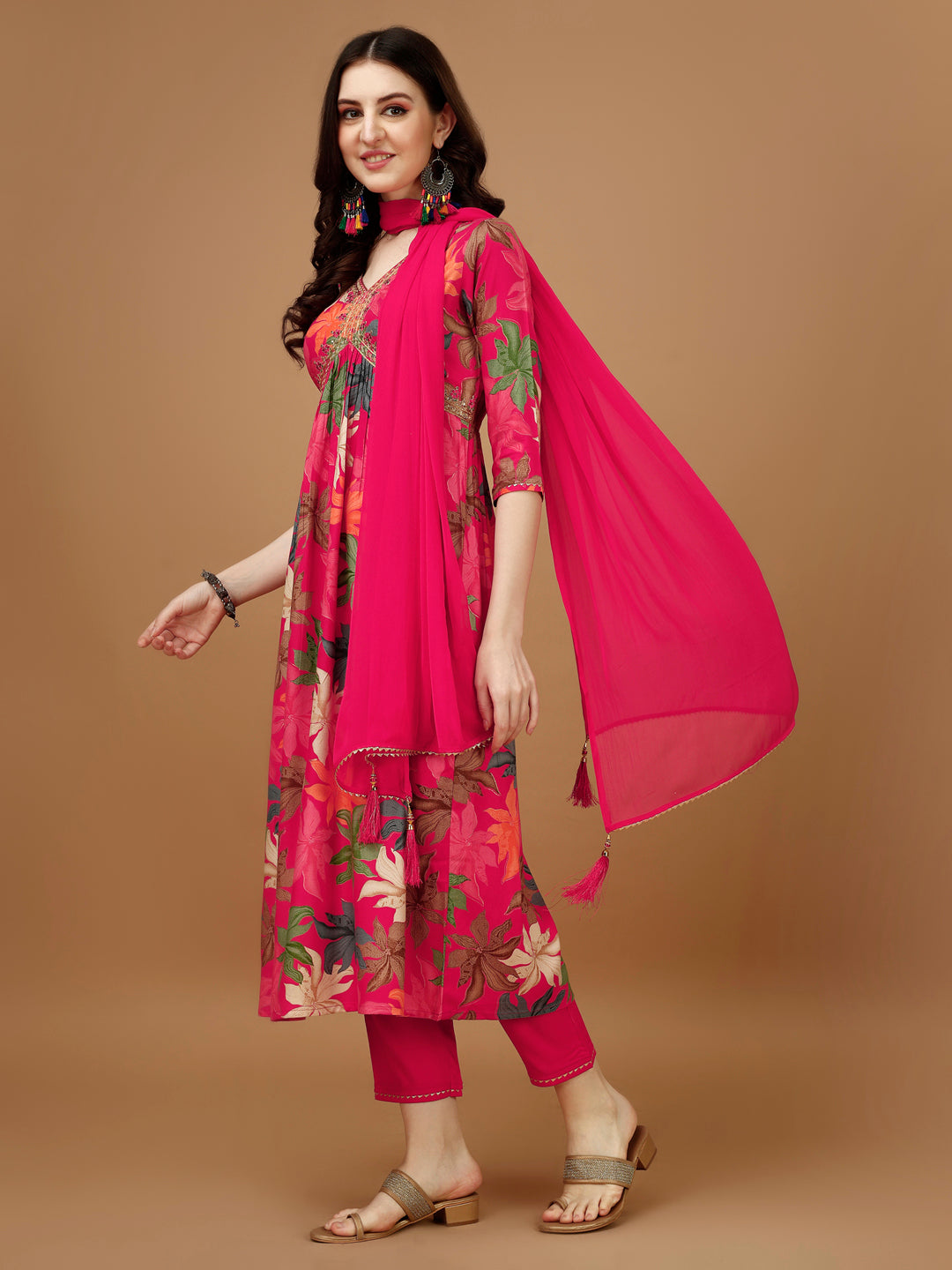 Alia Cut Rayon Embroidered & Floral Printed Kurta With Pant & Dupatta, Multicolor - Hiral Fashion - Distacart