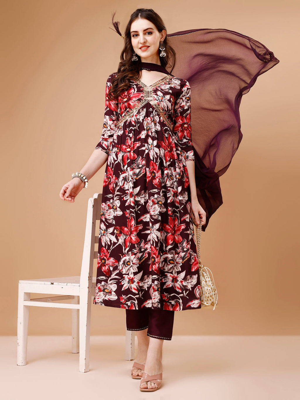 Alia Cut Embroidered & Floral Printed Rayon Kurta With Pant & Dupatta, Multicolor - Hiral Fashion