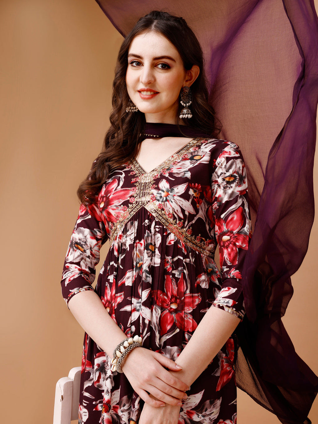 Alia Cut Embroidered & Floral Printed Rayon Kurta With Pant & Dupatta, Multicolor - Hiral Fashion