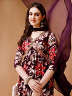 Alia Cut Embroidered & Floral Printed Rayon Kurta With Pant & Dupatta, Multicolor - Hiral Fashion