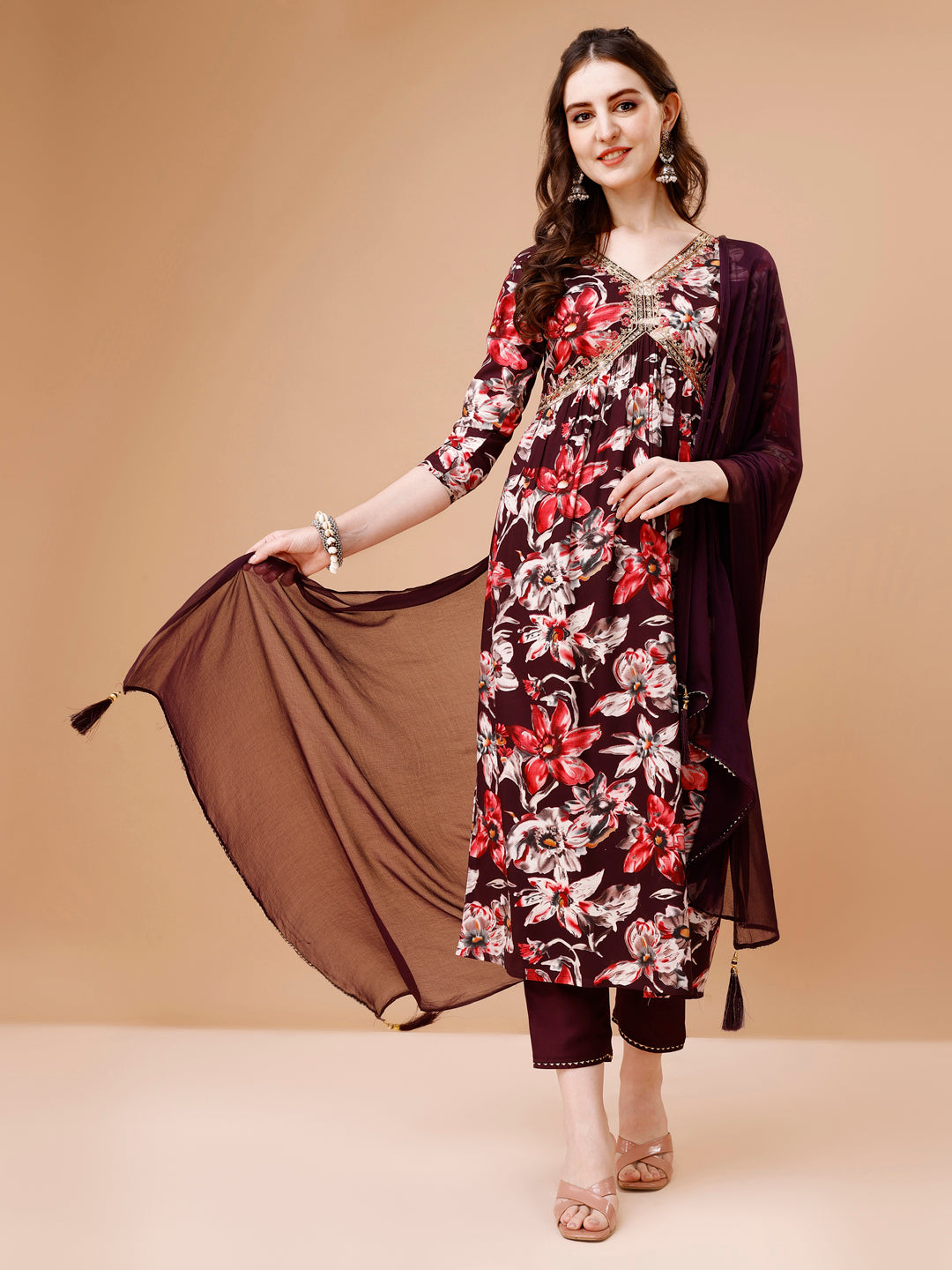 Alia Cut Embroidered & Floral Printed Rayon Kurta With Pant & Dupatta, Multicolor - Hiral Fashion