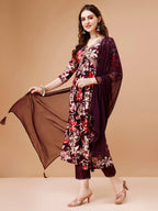 Alia Cut Embroidered & Floral Printed Rayon Kurta With Pant & Dupatta, Multicolor - Hiral Fashion