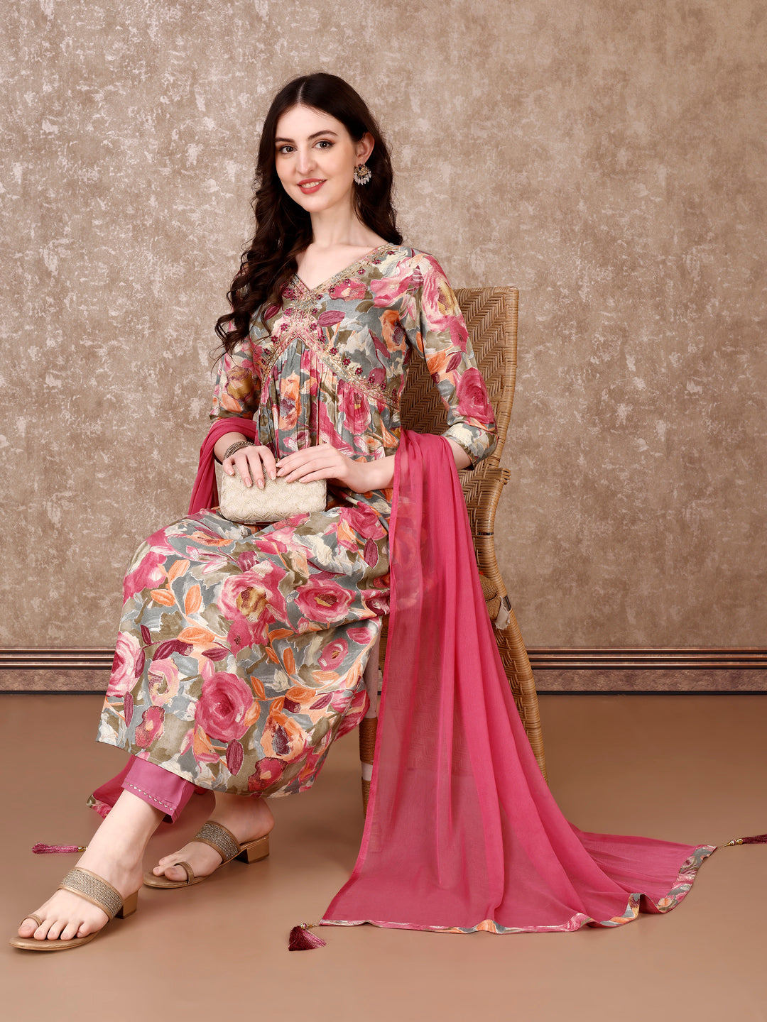 Alia Cut Embroidered & Floral Printed Kurta With Pant & Dupatta Premium Luxury, Multicolor - Hiral Fashion