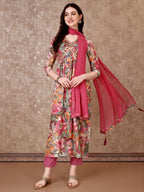 Alia Cut Embroidered & Floral Printed Kurta With Pant & Dupatta Premium Luxury, Multicolor - Hiral Fashion