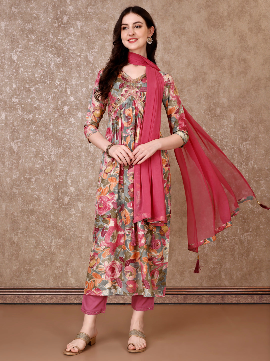 Alia Cut Embroidered & Floral Printed Kurta With Pant & Dupatta Premium Luxury, Multicolor - Hiral Fashion