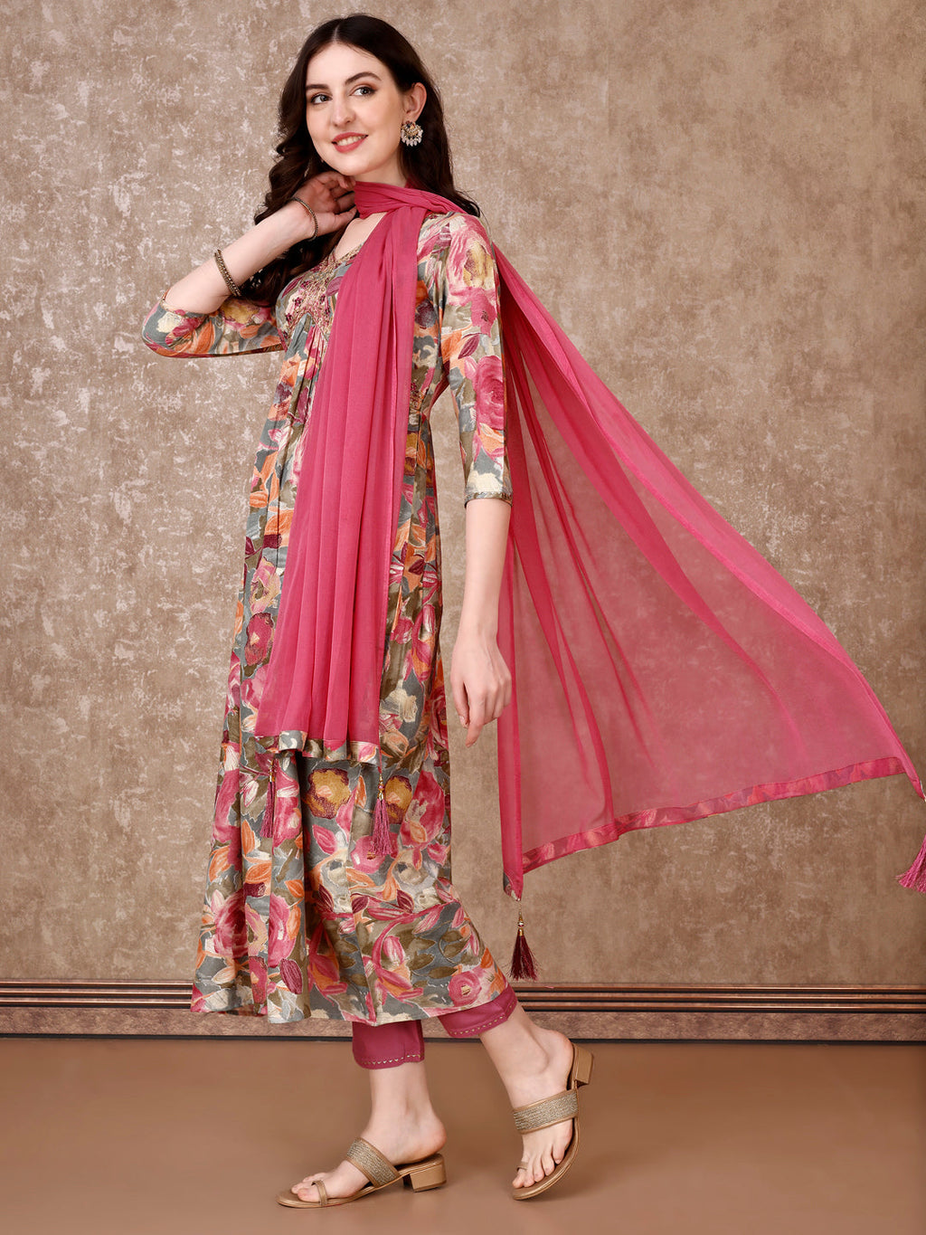 Alia Cut Embroidered & Floral Printed Kurta With Pant & Dupatta Premium Luxury, Multicolor - Hiral Fashion