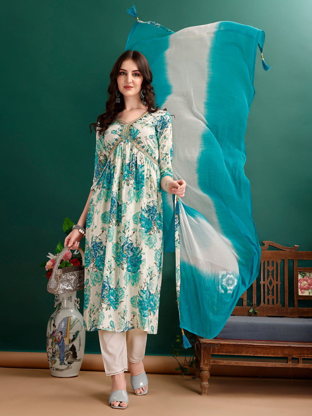 Alia Cut Floral Printed & Embroidered Kurta With Pant & Dupatta Set Premium Luxury, Multicolor - Hiral Fashion