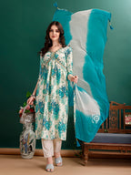 Alia Cut Floral Printed & Embroidered Kurta With Pant & Dupatta Set Premium Luxury, Multicolor - Hiral Fashion