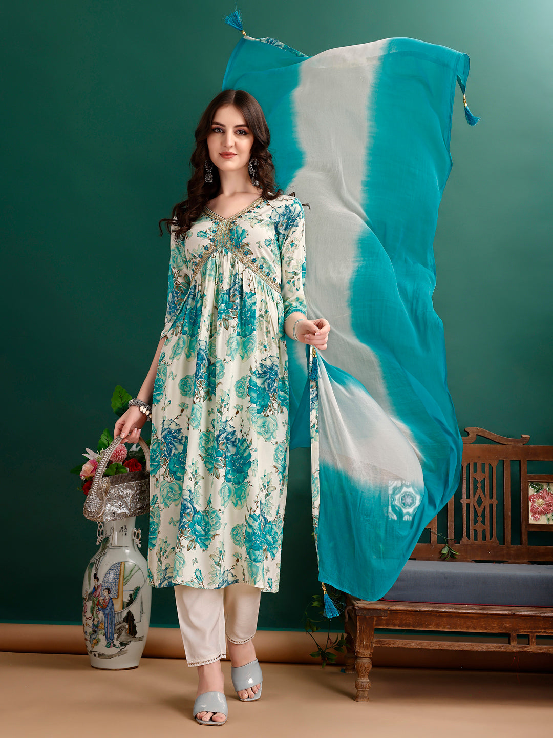 Alia Cut Floral Printed & Embroidered Kurta With Pant & Dupatta Set Premium Luxury, Multicolor - Hiral Fashion