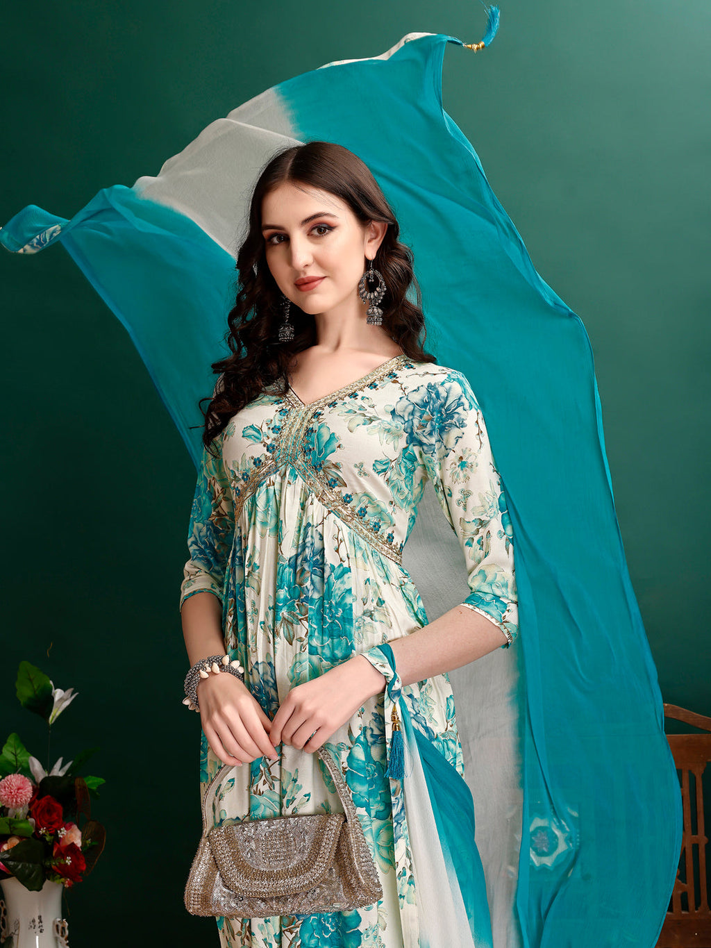Alia Cut Floral Printed & Embroidered Kurta With Pant & Dupatta Set Premium Luxury, Multicolor - Hiral Fashion