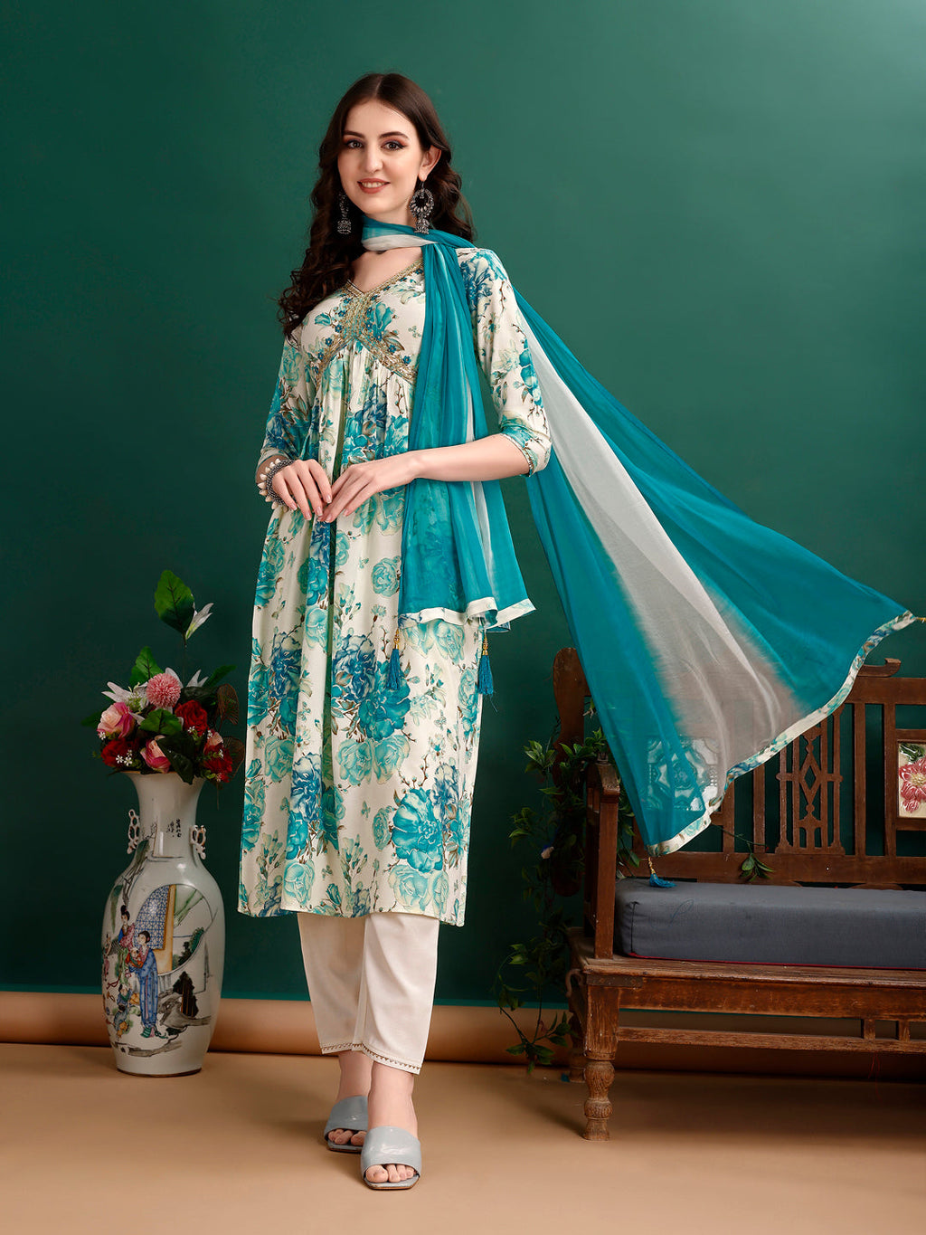 Alia Cut Floral Printed & Embroidered Kurta With Pant & Dupatta Set Premium Luxury, Multicolor - Hiral Fashion