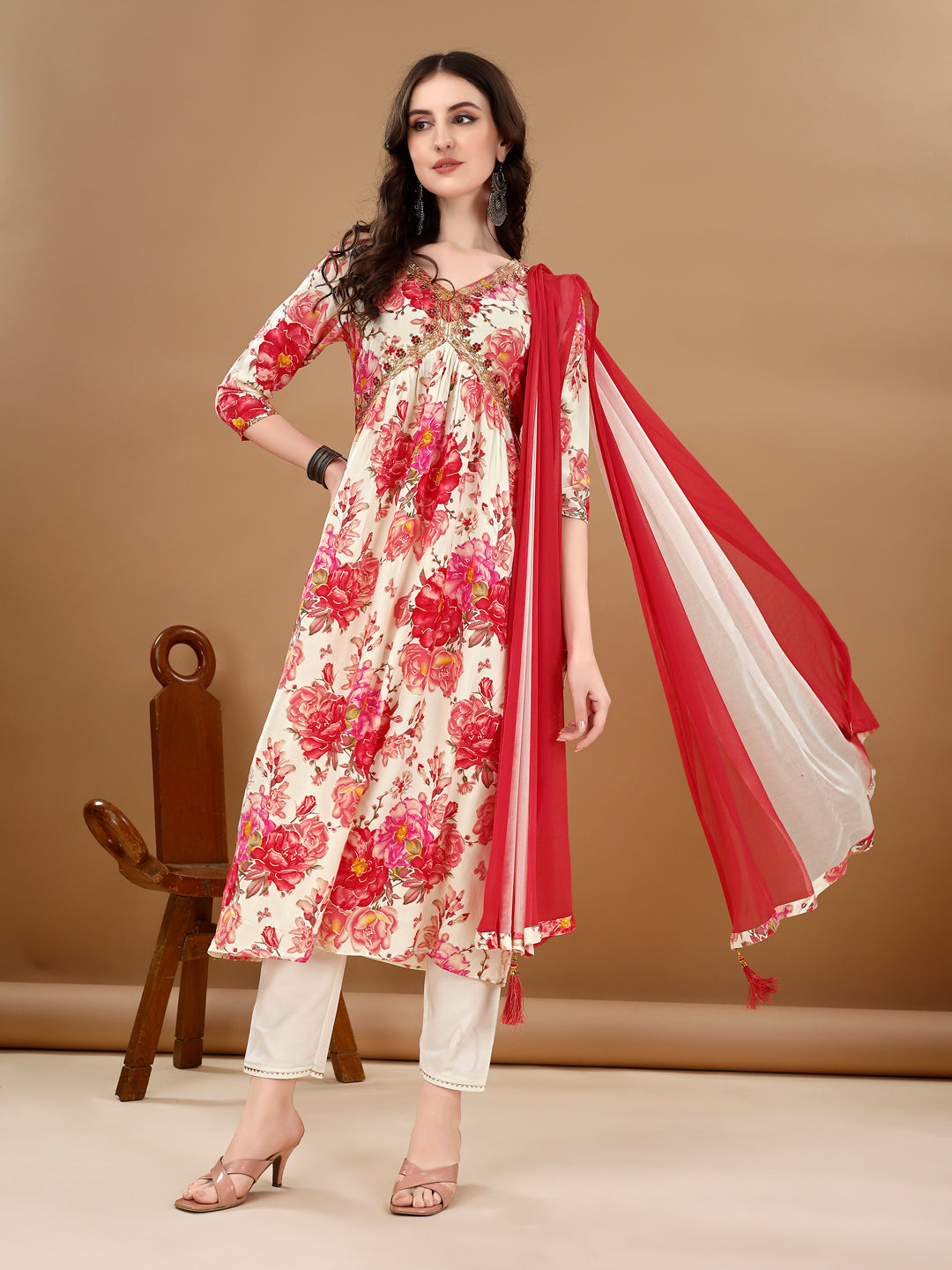 Alia Cut Floral Printed & Embroidered Kurta With Pant & Dupatta Set Premium Luxury, Multicolor - Hiral Fashion - Distacart