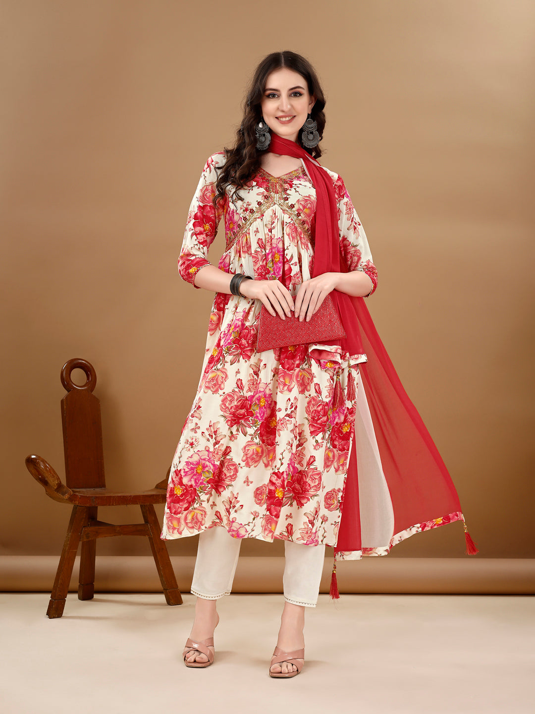 Alia Cut Floral Printed & Embroidered Kurta With Pant & Dupatta Set Premium Luxury, Multicolor - Hiral Fashion - Distacart