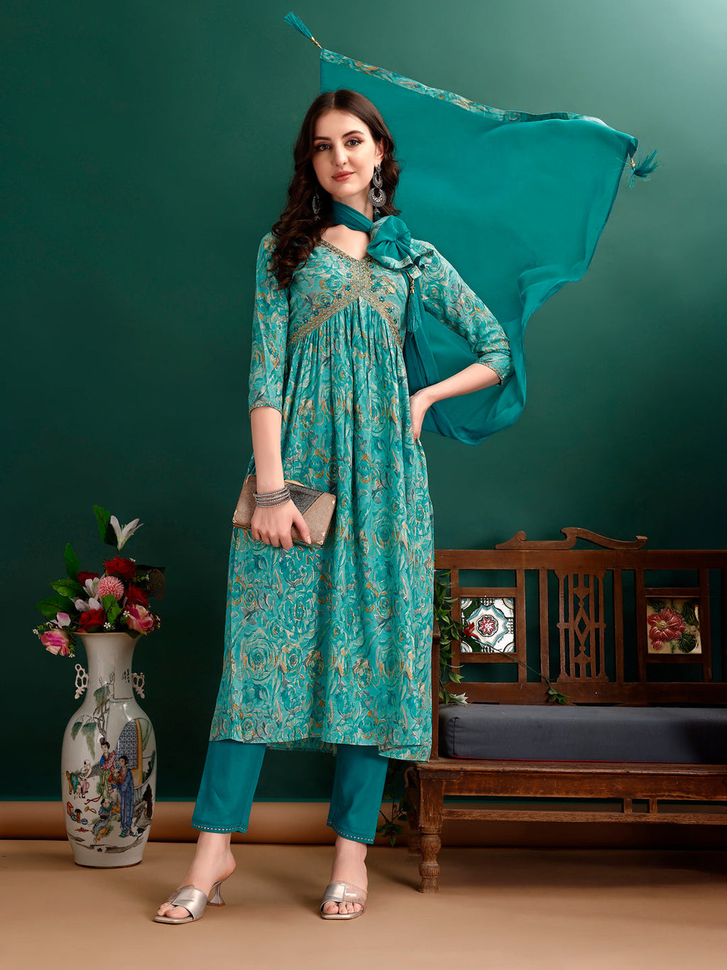 Alia Cut Floral Printed & Embroidered Kurta With Pant & Dupatta Set Luxury Premium, Multicolor - Hiral Fashion