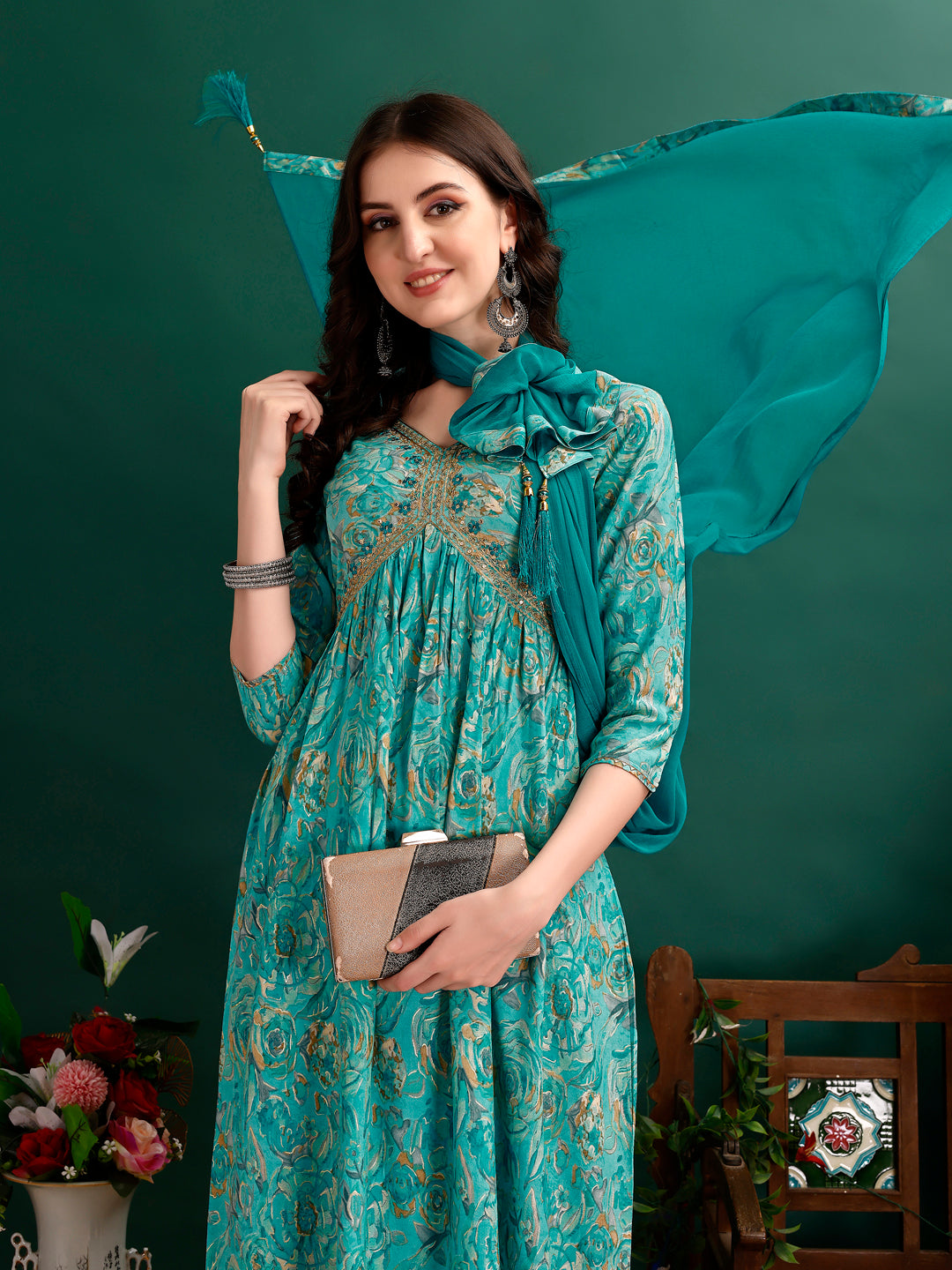 Alia Cut Floral Printed & Embroidered Kurta With Pant & Dupatta Set Luxury Premium, Multicolor - Hiral Fashion