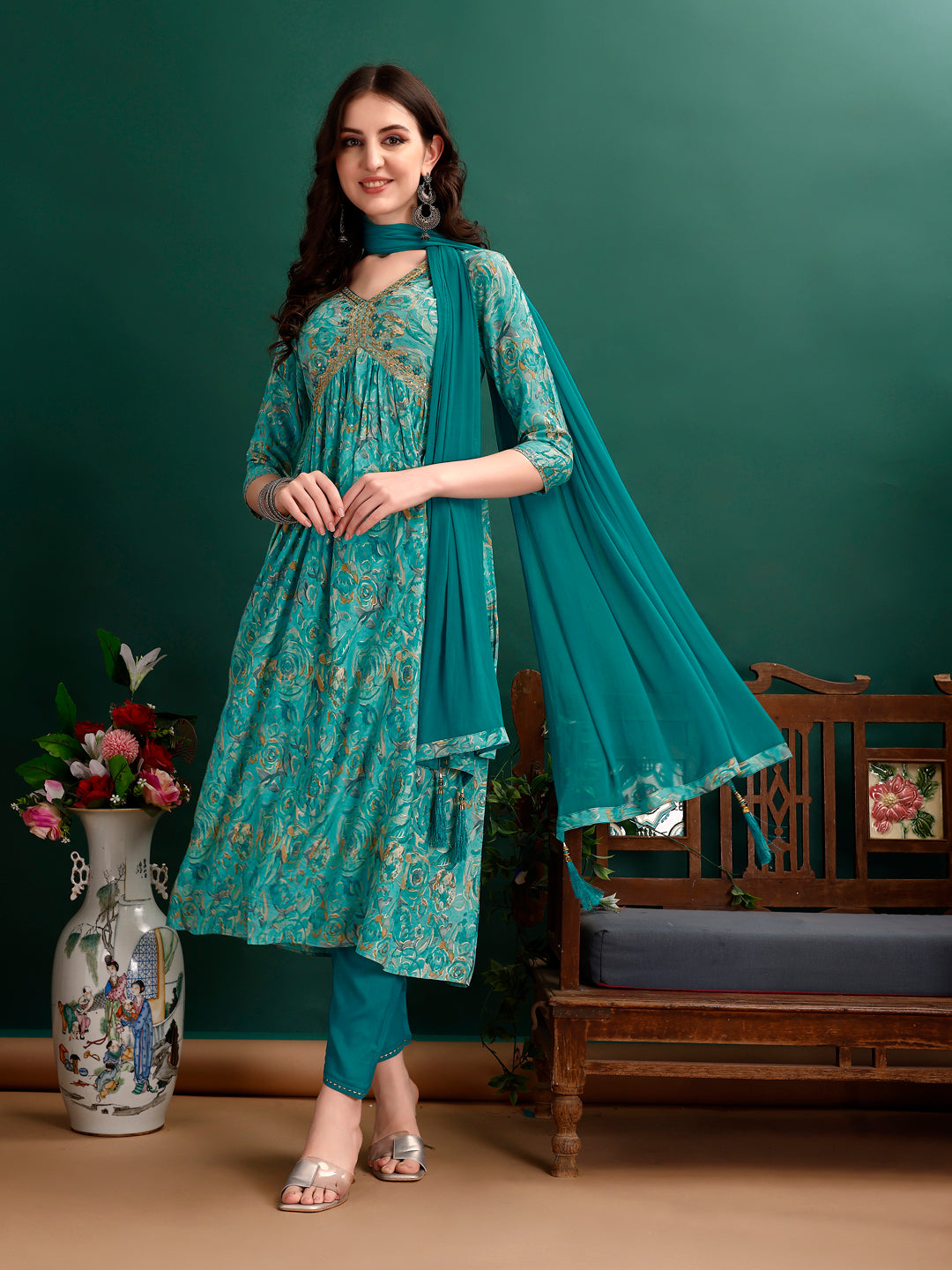 Alia Cut Floral Printed & Embroidered Kurta With Pant & Dupatta Set Luxury Premium, Multicolor - Hiral Fashion