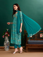 Alia Cut Floral Printed & Embroidered Kurta With Pant & Dupatta Set Luxury Premium, Multicolor - Hiral Fashion