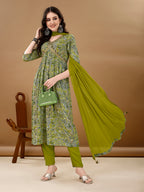 Alia Cut Floral Printed & Embroidered Kurta With Pant & Dupatta Set Luxury Premium, Multicolor - Hiral Fashion - Distacart