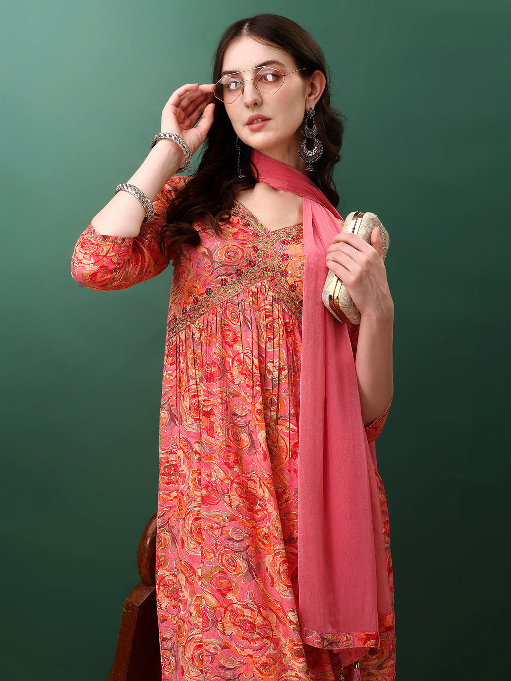 Alia Cut Floral Printed & Embroidered Kurta With Pant & Dupatta Set, Pink - Hiral Fashion - Distacart