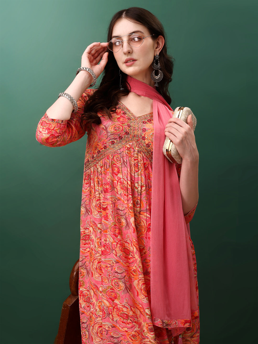 Alia Cut Floral Printed & Embroidered Kurta With Pant & Dupatta Set, Pink - Hiral Fashion - Distacart