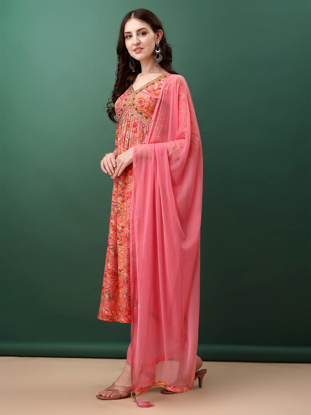 Alia Cut Floral Printed & Embroidered Kurta With Pant & Dupatta Set, Pink - Hiral Fashion - Distacart