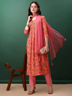 Alia Cut Floral Printed & Embroidered Kurta With Pant & Dupatta Set, Pink - Hiral Fashion - Distacart
