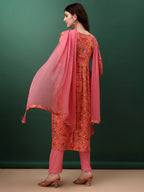 Alia Cut Floral Printed & Embroidered Kurta With Pant & Dupatta Set, Pink - Hiral Fashion - Distacart