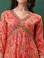 Alia Cut Floral Printed & Embroidered Kurta With Pant & Dupatta Set, Pink - Hiral Fashion - Distacart