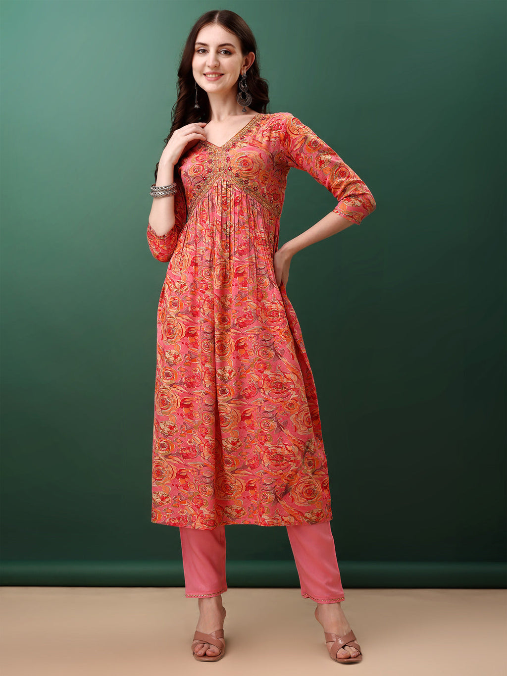 Alia Cut Floral Printed & Embroidered Kurta With Pant & Dupatta Set, Pink - Hiral Fashion - Distacart