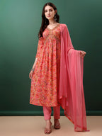 Alia Cut Floral Printed & Embroidered Kurta With Pant & Dupatta Set, Pink - Hiral Fashion - Distacart