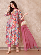 Alia Cut Embroidered & Floral Printed Kurta With Pant & Dupatta Premium Luxury, Multicolor - Hiral Fashion - Distacart