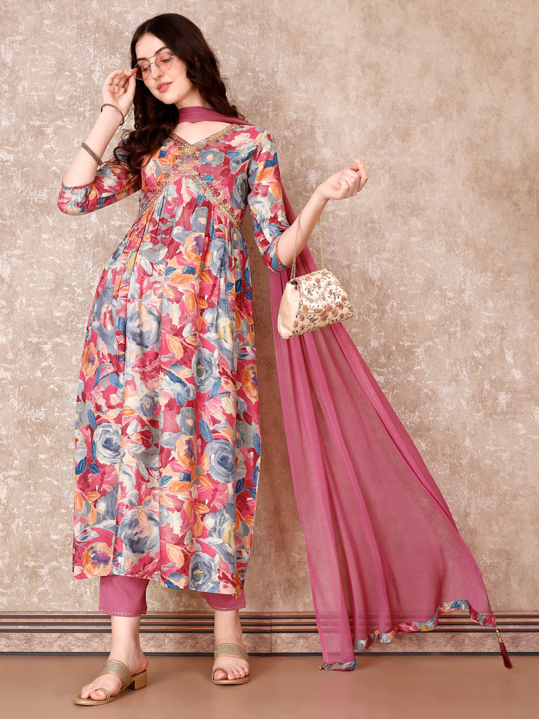Alia Cut Embroidered & Floral Printed Kurta With Pant & Dupatta Premium Luxury, Multicolor - Hiral Fashion - Distacart