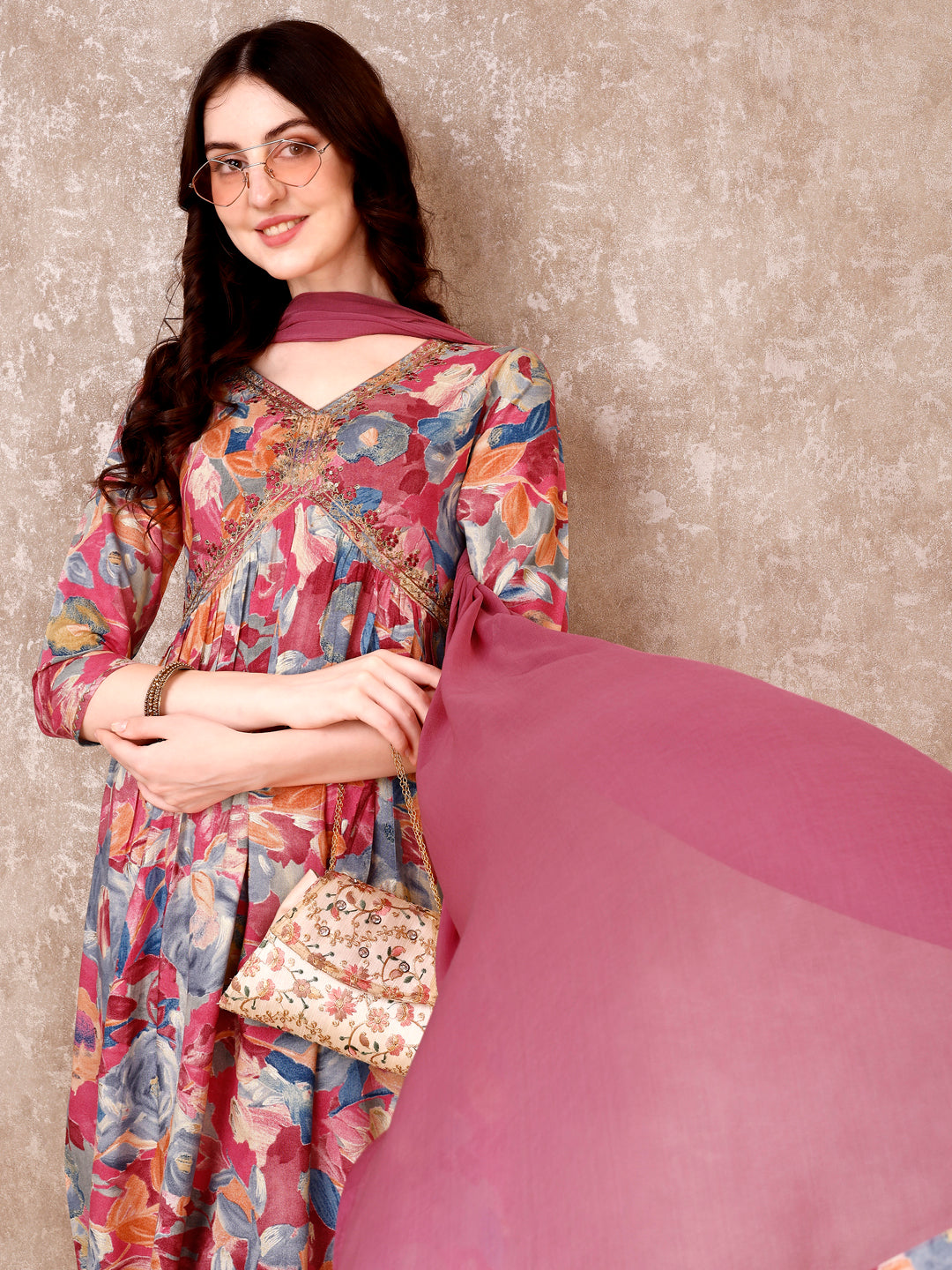 Alia Cut Embroidered & Floral Printed Kurta With Pant & Dupatta Premium Luxury, Multicolor - Hiral Fashion - Distacart
