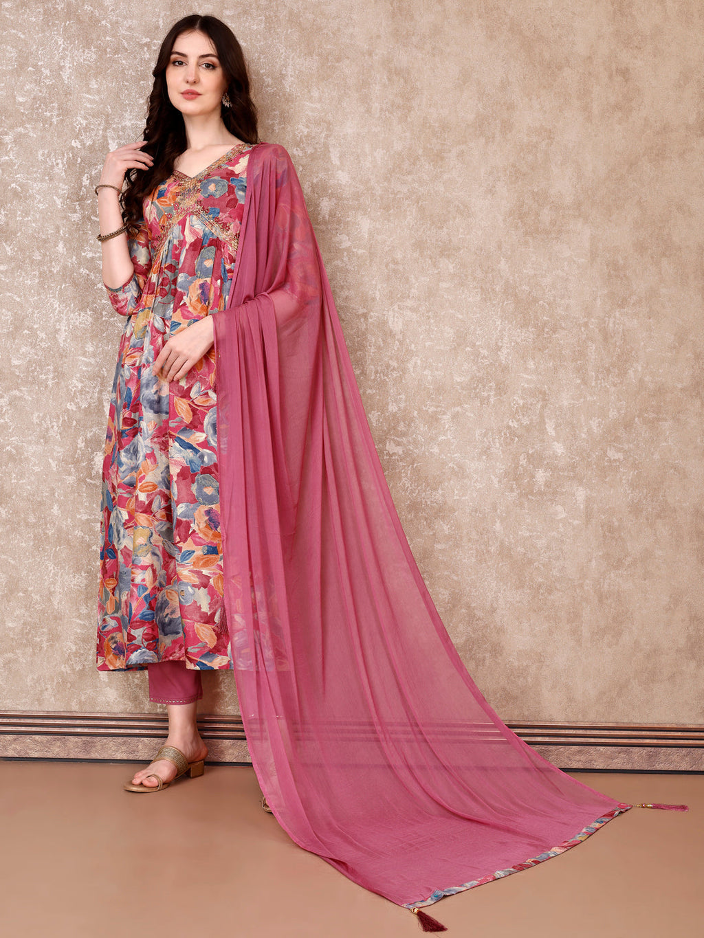 Alia Cut Embroidered & Floral Printed Kurta With Pant & Dupatta Premium Luxury, Multicolor - Hiral Fashion - Distacart