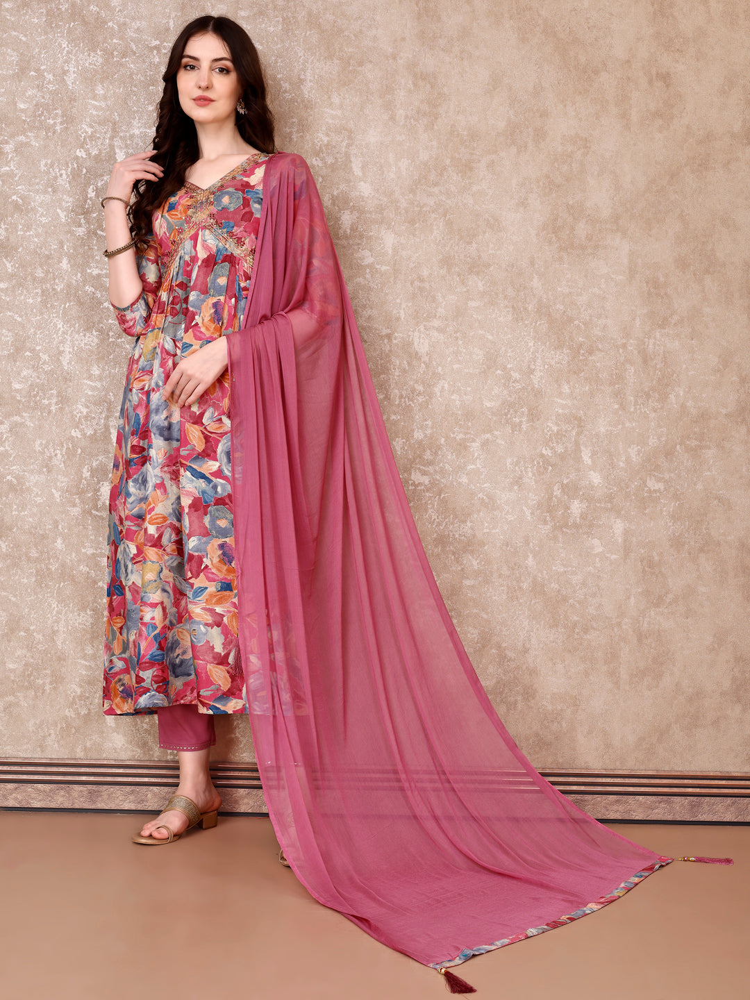 Alia Cut Embroidered & Floral Printed Kurta With Pant & Dupatta Premium Luxury, Multicolor - Hiral Fashion - Distacart