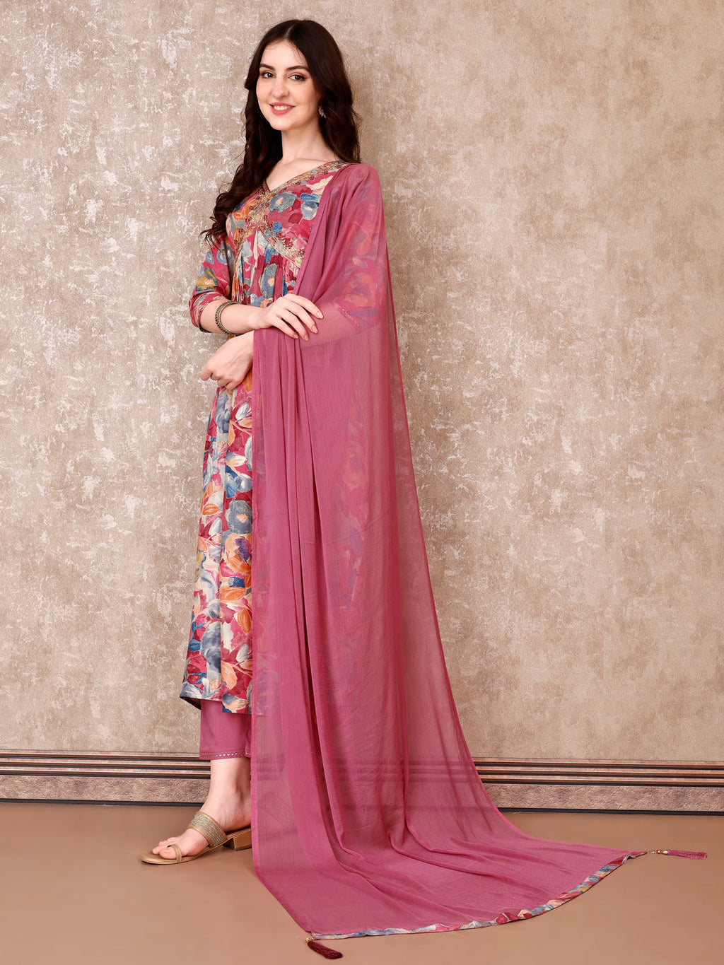 Alia Cut Embroidered & Floral Printed Kurta With Pant & Dupatta Premium Luxury, Multicolor - Hiral Fashion - Distacart