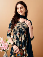 Alia Cut Floral Printed & Embroidered Kurta With Pant & Dupatta Set, Teal - Hiral Fashion