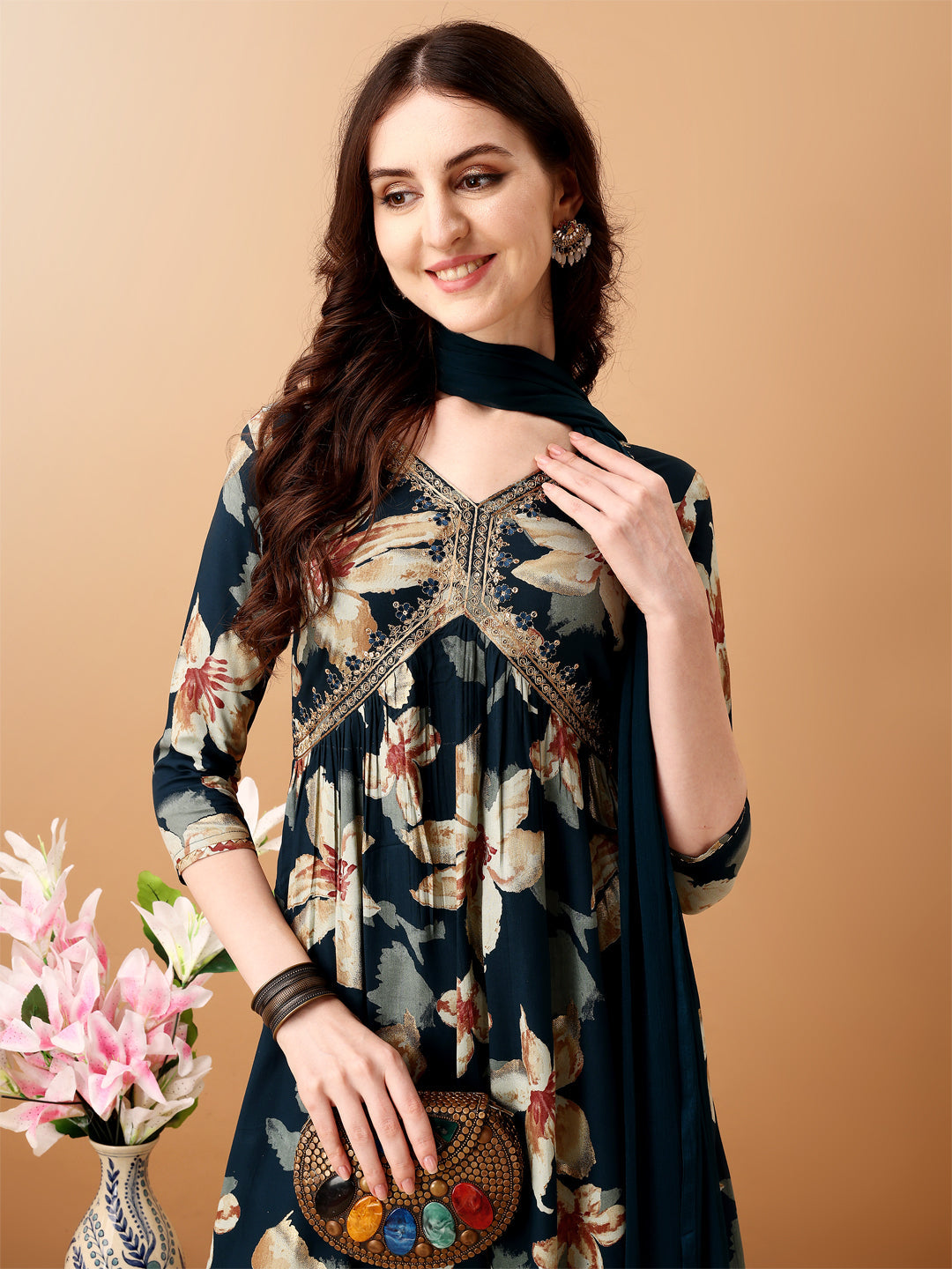 Alia Cut Floral Printed & Embroidered Kurta With Pant & Dupatta Set, Teal - Hiral Fashion