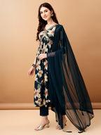 Alia Cut Floral Printed & Embroidered Kurta With Pant & Dupatta Set, Teal - Hiral Fashion