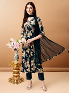 Alia Cut Floral Printed & Embroidered Kurta With Pant & Dupatta Set, Teal - Hiral Fashion