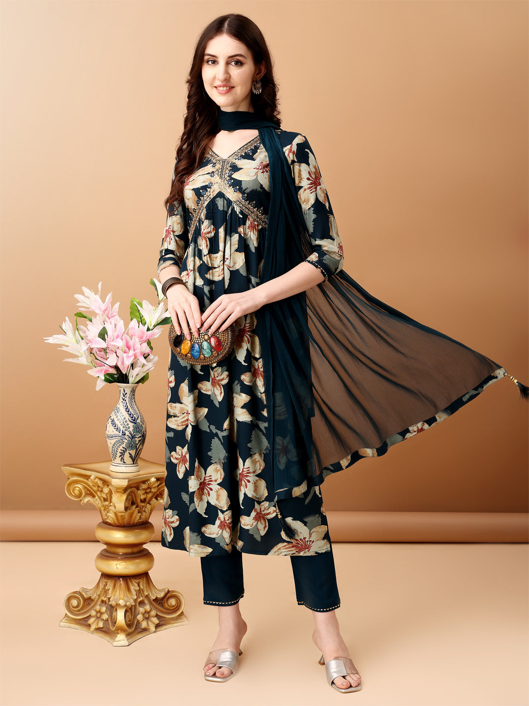 Alia Cut Floral Printed & Embroidered Kurta With Pant & Dupatta Set, Teal - Hiral Fashion