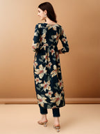 Alia Cut Floral Printed & Embroidered Kurta With Pant & Dupatta Set, Teal - Hiral Fashion
