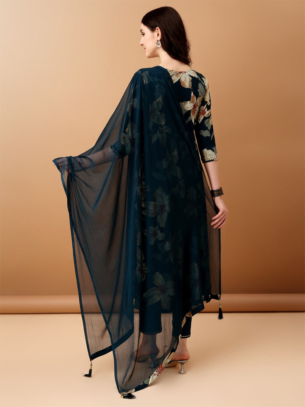 Alia Cut Floral Printed & Embroidered Kurta With Pant & Dupatta Set, Teal - Hiral Fashion