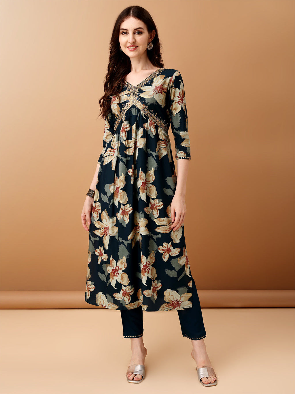 Alia Cut Floral Printed & Embroidered Kurta With Pant & Dupatta Set, Teal - Hiral Fashion