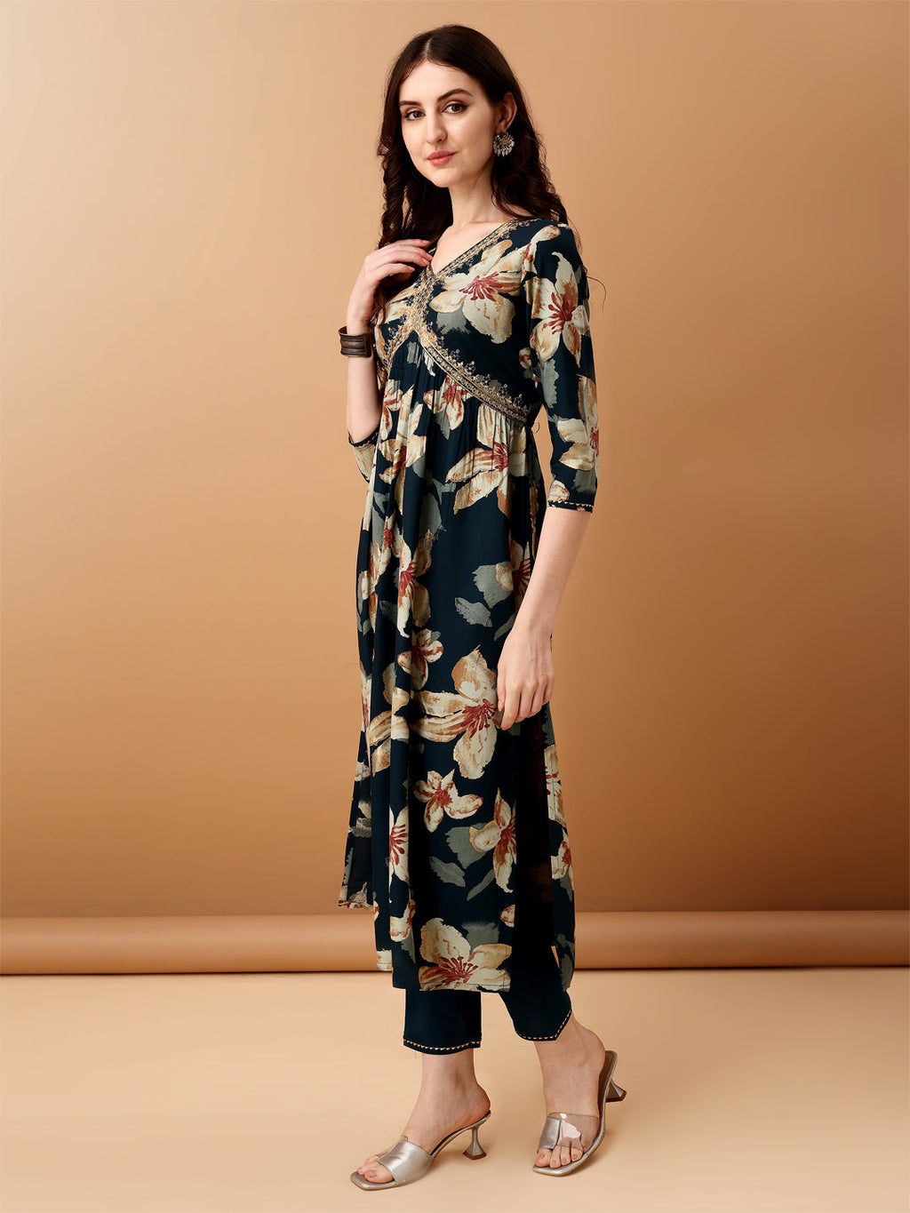 Alia Cut Floral Printed & Embroidered Kurta With Pant & Dupatta Set, Teal - Hiral Fashion