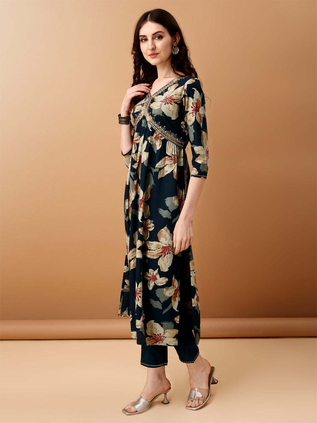 Alia Cut Floral Printed & Embroidered Kurta With Pant & Dupatta Set, Teal - Hiral Fashion
