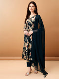 Alia Cut Floral Printed & Embroidered Kurta With Pant & Dupatta Set, Teal - Hiral Fashion