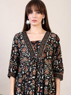 Floral Printed Flared Kurta With Pant & Dupatta, Black - Hiral Fashion - Distacart