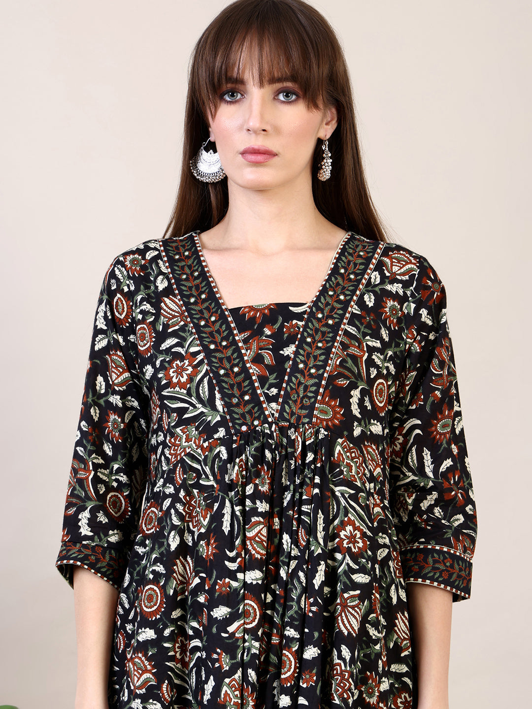 Floral Printed Flared Kurta With Pant & Dupatta, Black - Hiral Fashion - Distacart
